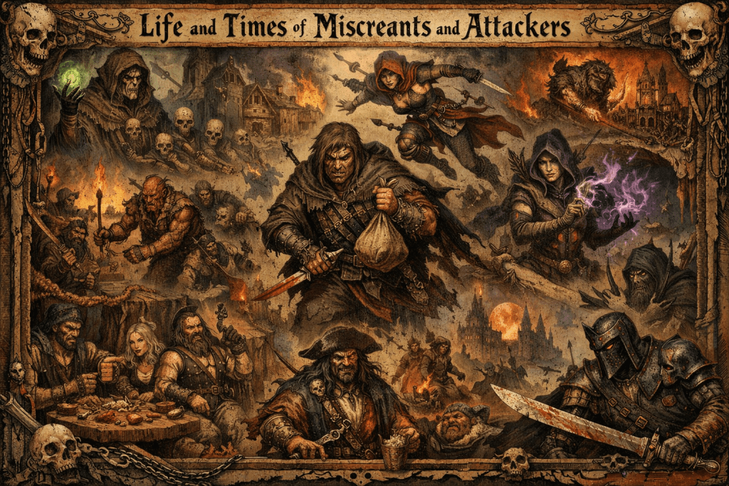 Fantasy medieval characters including rogues, warriors, necromancers, and dark creatures engaged in battle and intrigue