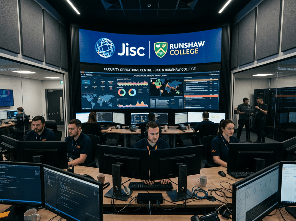 Security operations center with team monitoring live network threat data on multiple screens