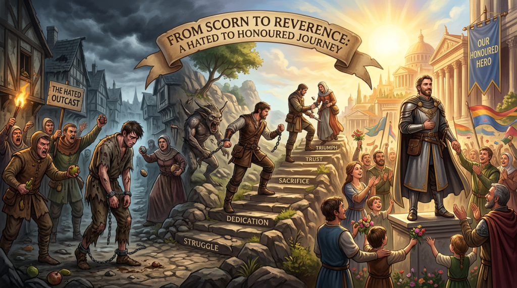 A chained man labeled 'The Hated Outcast' progresses up stone steps labeled struggle, dedication, sacrifice, trust, triumph, reaching a statue of an honored hero.