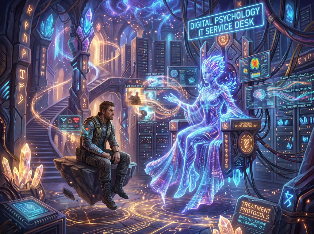 Man sitting on rock facing holographic female figure in futuristic library with glowing runes and data screens